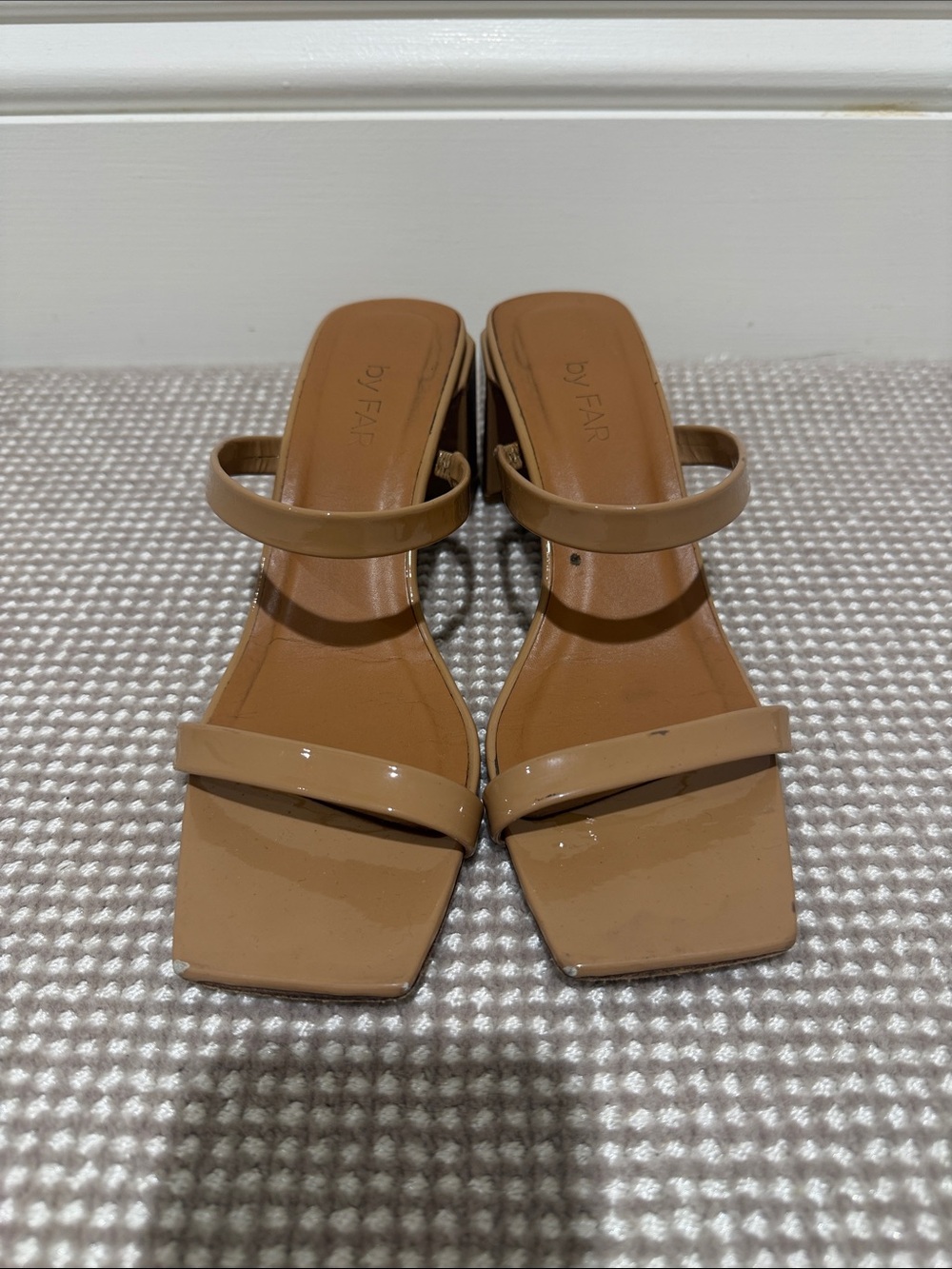 BY FAR Tan Patent Two-Strap Square-Toe Heeled Sandals